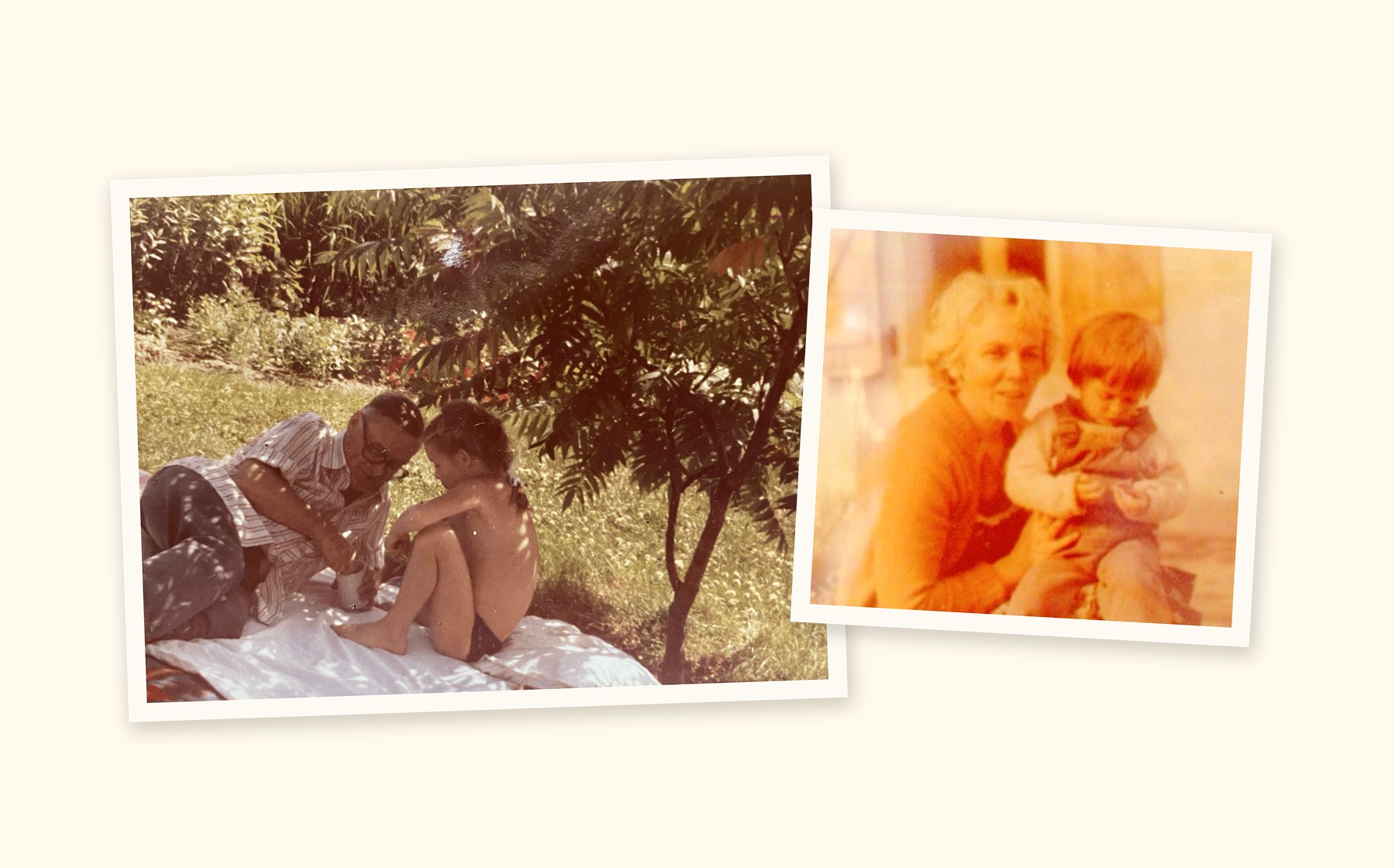Two family photographs laid side by side: Olivka&rsquo;s grandfather sitting with a child on a blanket in a garden, and her grandmother holding a small child.