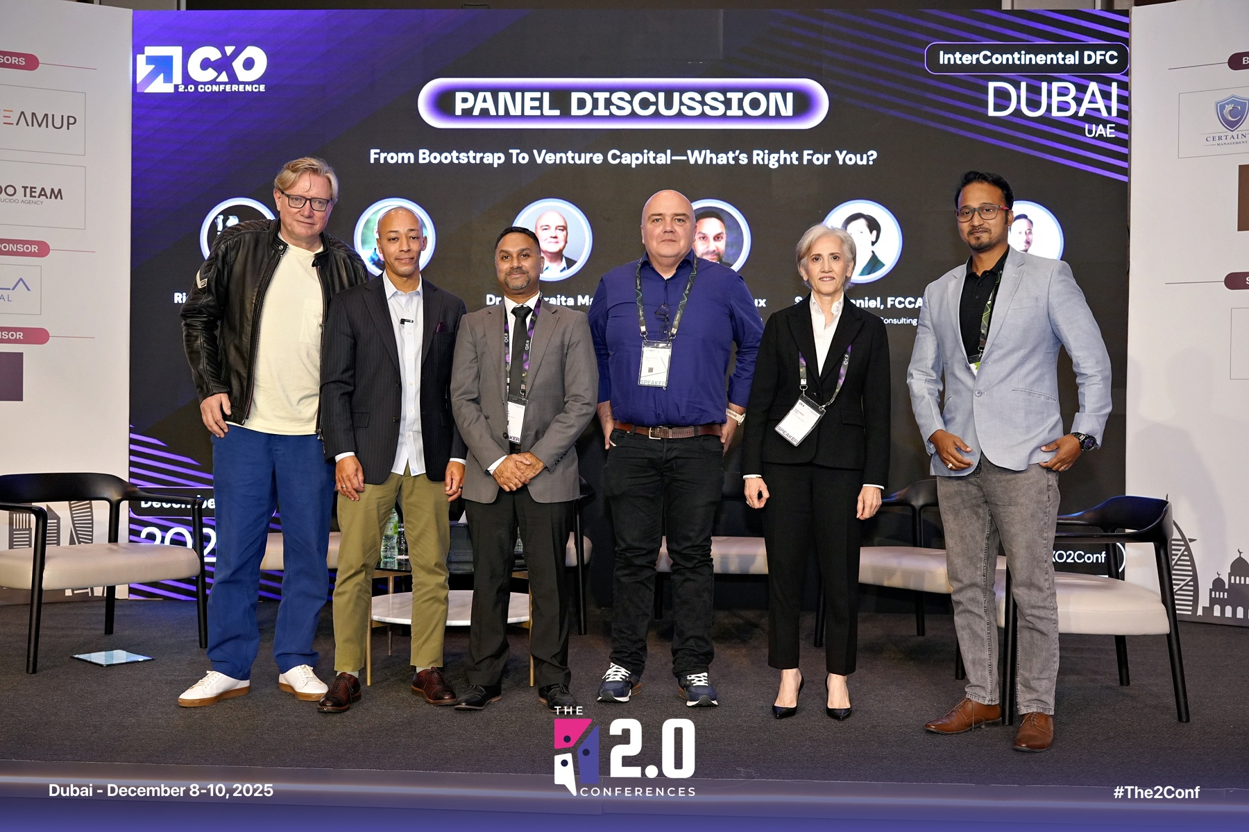Panelists including Alain Leroy posing on stage at Founder 2.0 Conference Dubai after a discussion on bootstrap vs venture capital Panelists including Alain Leroy posing on stage at Founder 2.0 Conference Dubai after a discussion on bootstrap vs venture capital