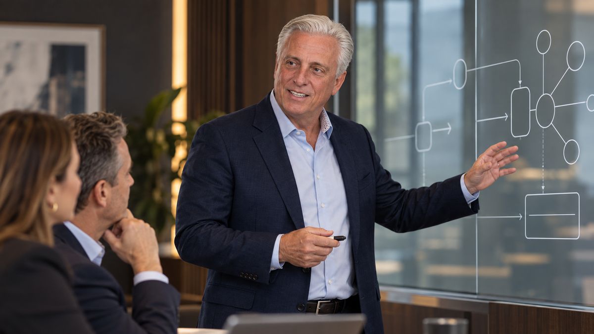 Jim Stocker walking a leadership team through a workflow diagram on a glass wall