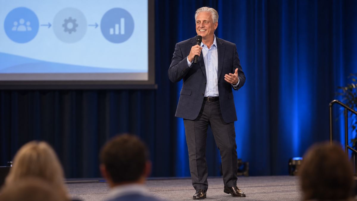 Jim Stocker speaking on a conference stage with a microphone