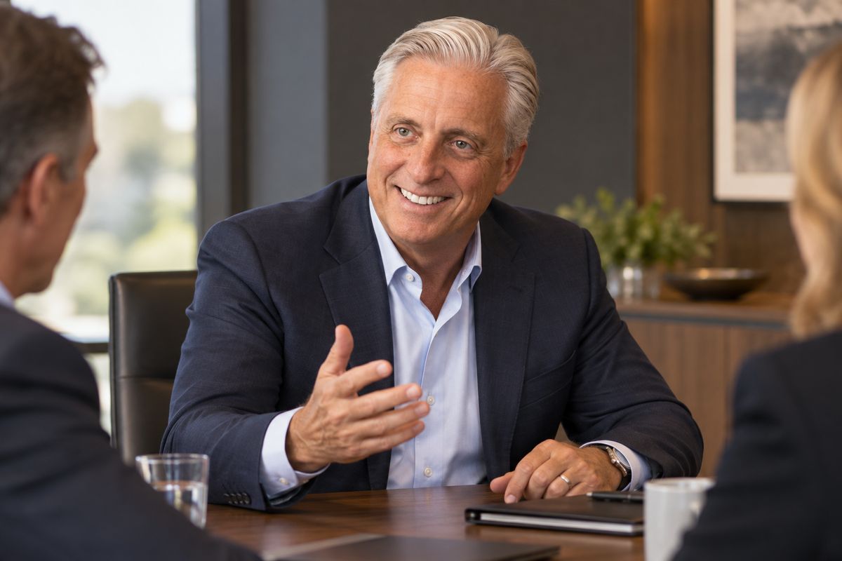 Jim Stocker in conversation with two executives at a boardroom table