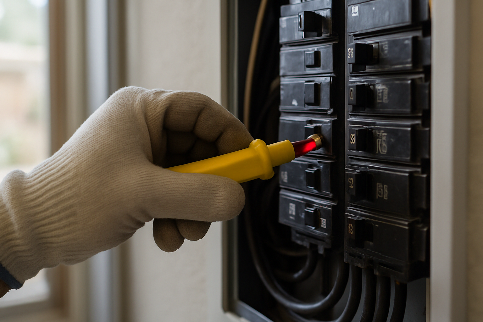 Close-up of an electrician inspecting a circuit breaker with a voltage tester. Close-up of an electrician inspecting a circuit breaker with a voltage tester.