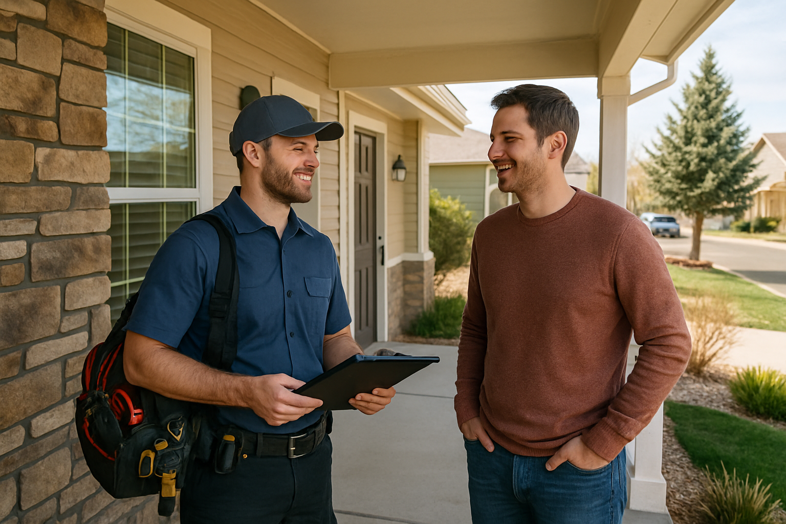 Electrician from DMC Electric LLC consulting with a homeowner in Colorado about electrical safety. Electrician from DMC Electric LLC consulting with a homeowner in Colorado about electrical safety.