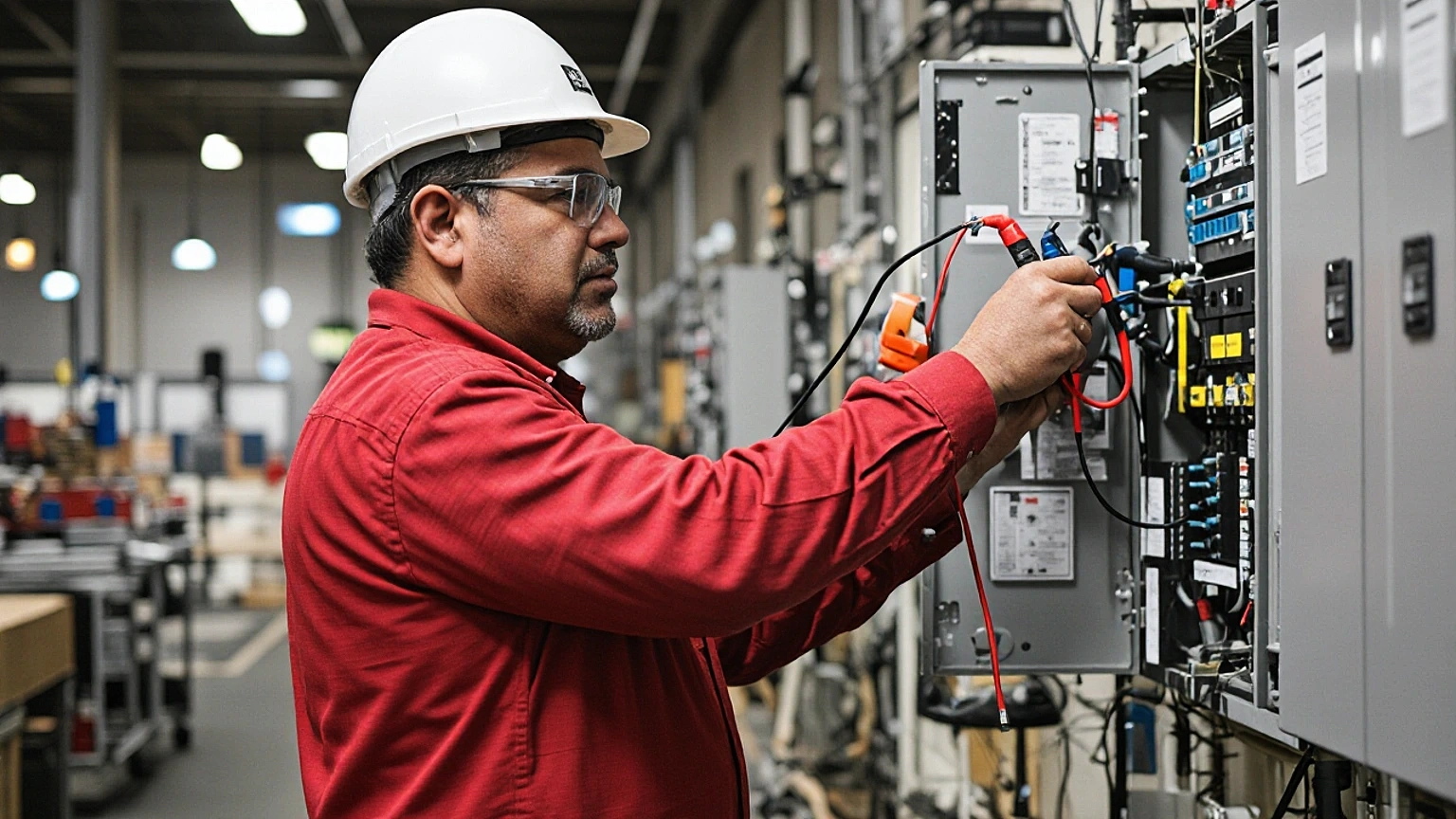 Electrician inspecting lighting system for retrofit Electrician inspecting lighting system for retrofit