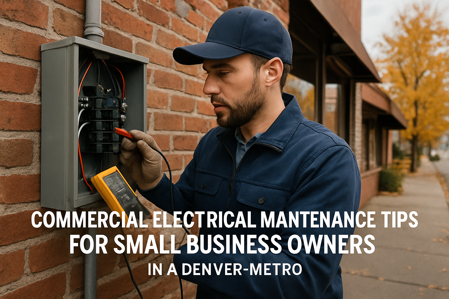 A licensed electrician from DMC Electric LLC inspecting a commercial electrical panel in a Denver small business. A licensed electrician from DMC Electric LLC inspecting a commercial electrical panel in a Denver small business.