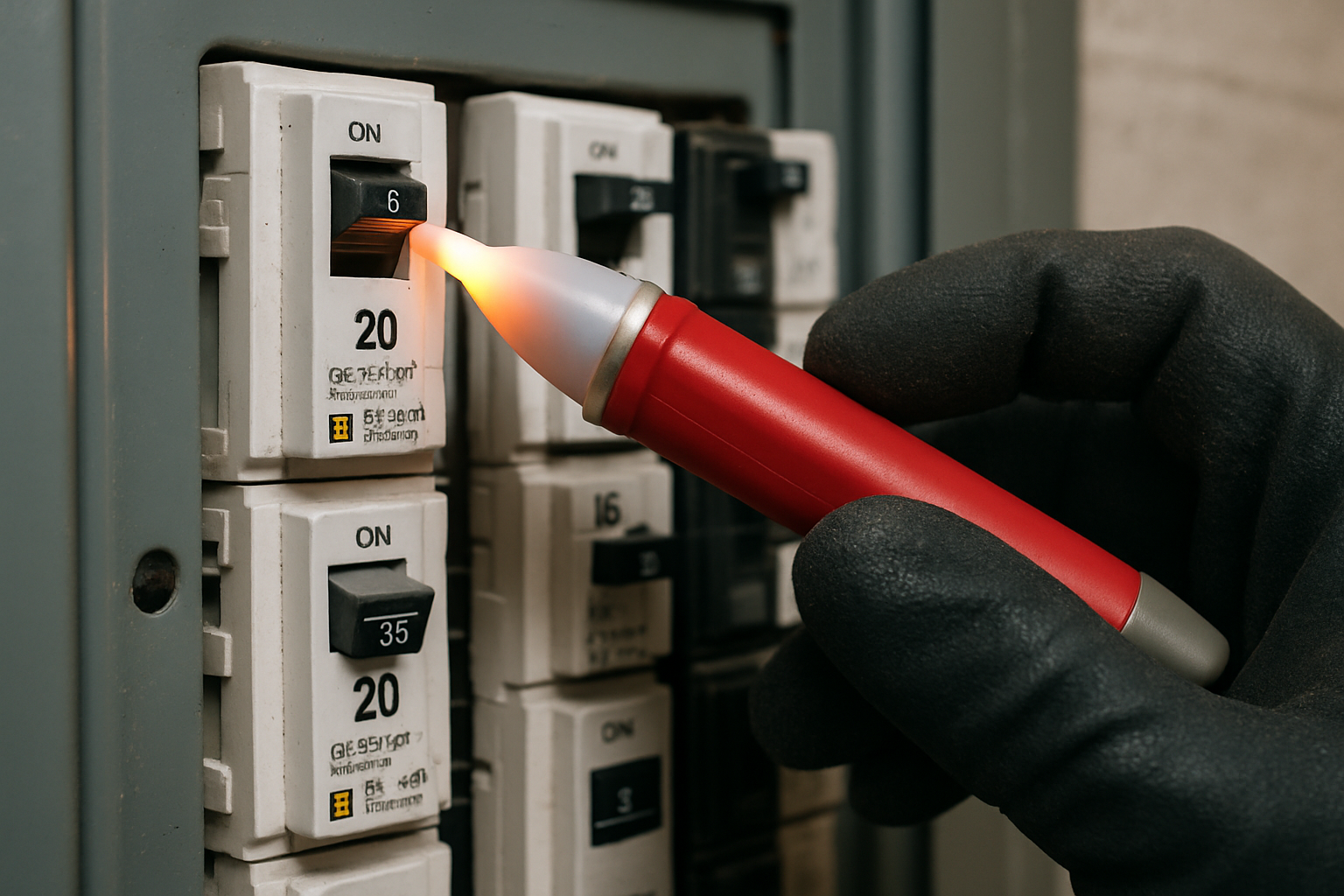 Close-up of a gloved electrician's hand inspecting a circuit breaker with a voltage tester in a Denver business. Close-up of a gloved electrician's hand inspecting a circuit breaker with a voltage tester in a Denver business.