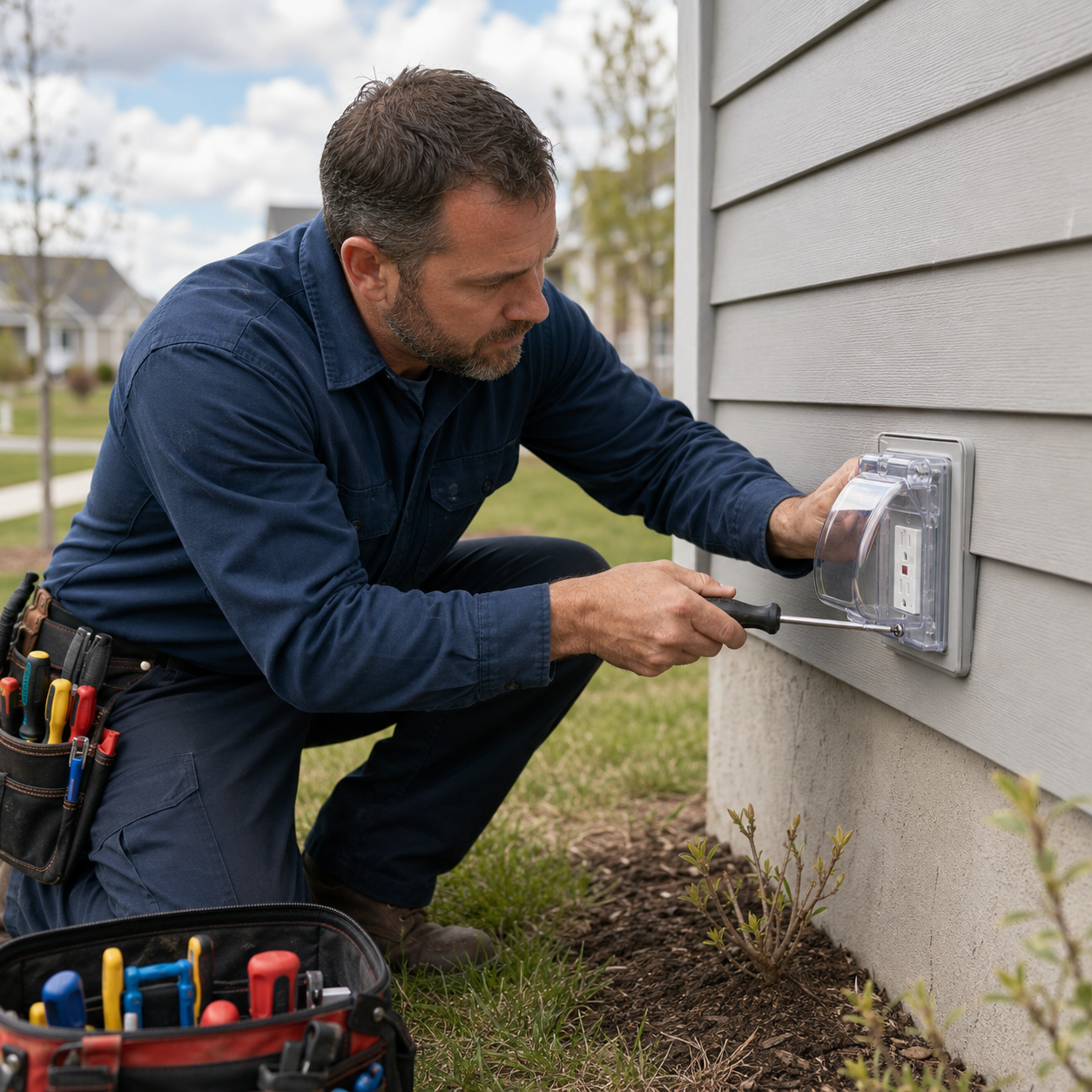 Electrician testing an outdoor GFCI outlet on a Colorado home