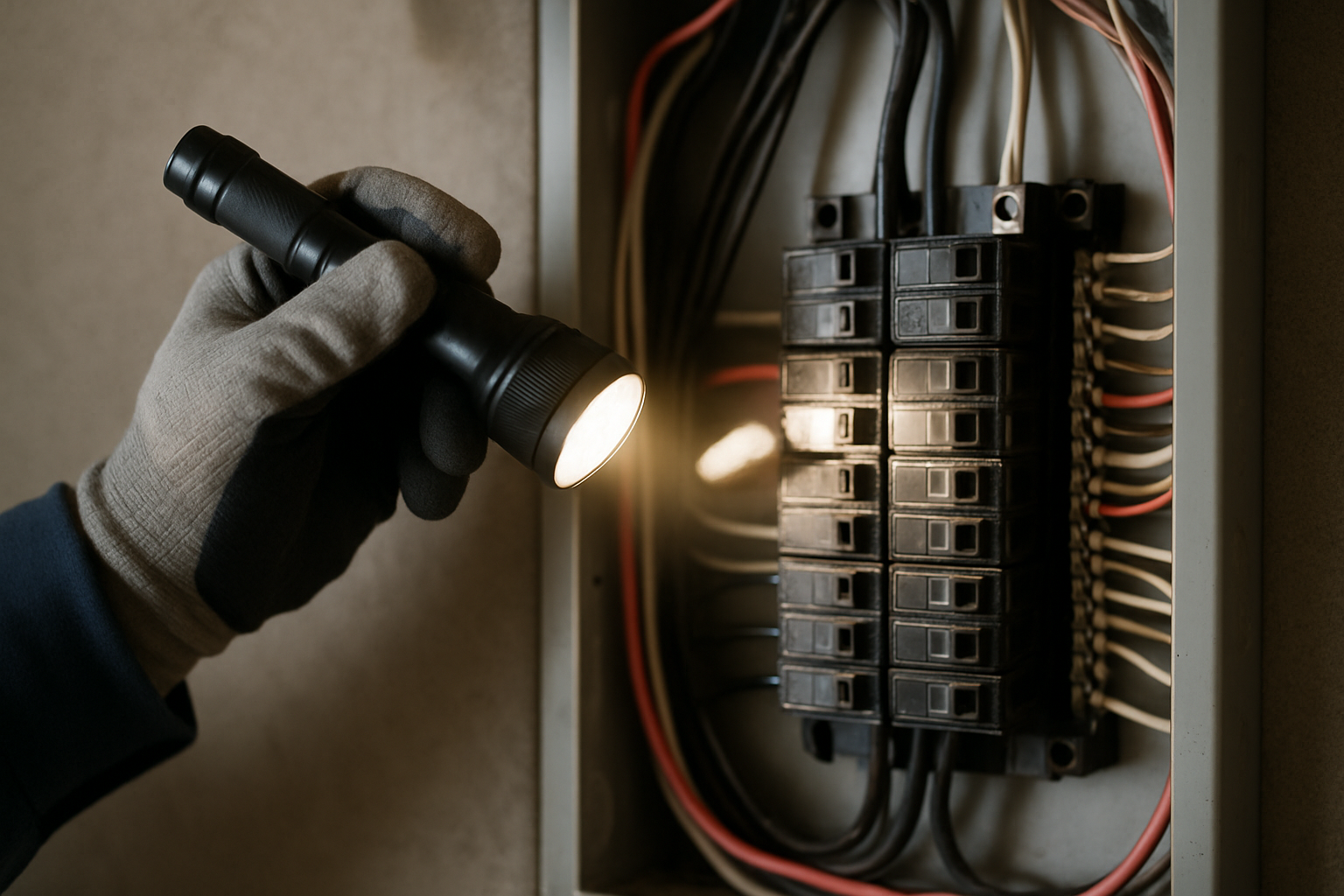 Close-up of an electrician's gloved hand inspecting an electrical panel in Commerce City. Close-up of an electrician's gloved hand inspecting an electrical panel in Commerce City.