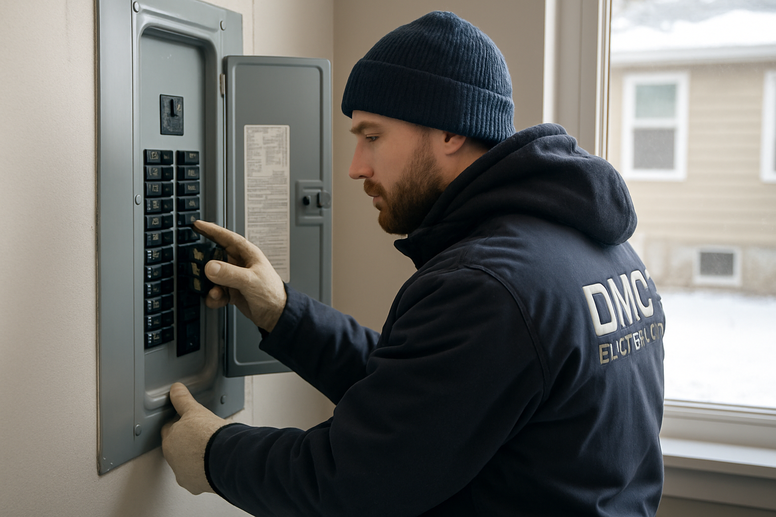 Electrician from DMC Electric LLC inspecting a circuit breaker in Denver. Electrician from DMC Electric LLC inspecting a circuit breaker in Denver.