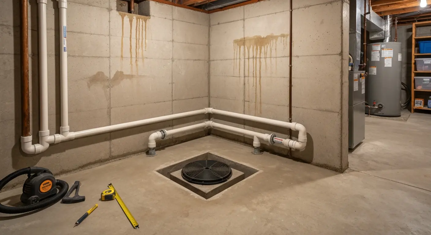 Basement drain system in Phillipsburg home