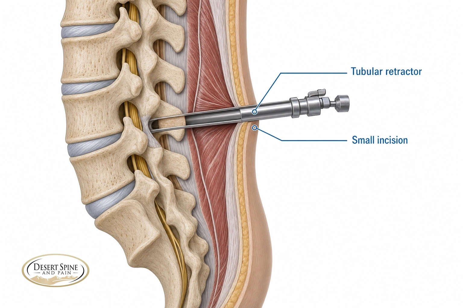 Diagram of minimally invasive spine surgery using a tubular retractor through a small incision