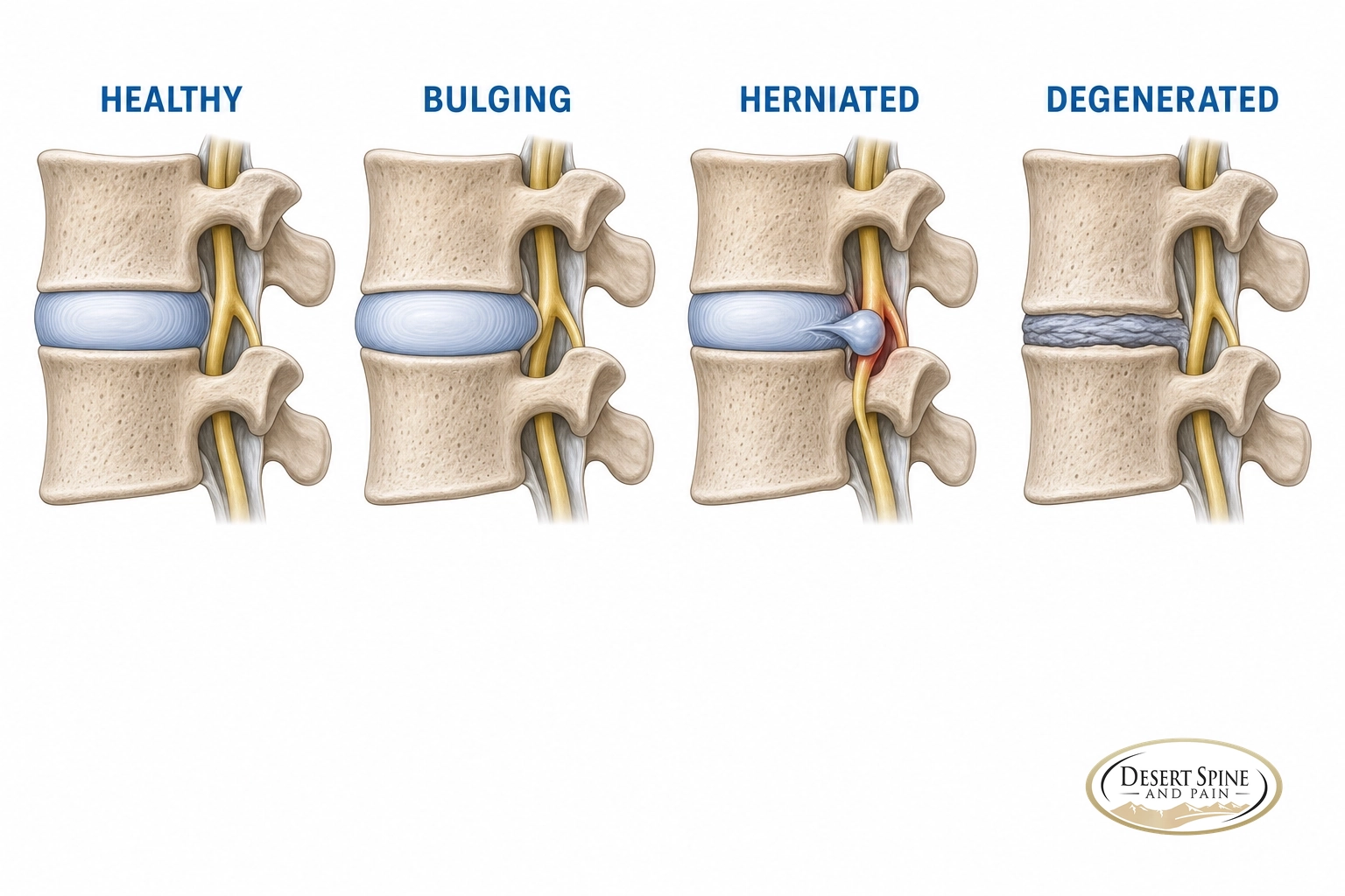 Infographic comparing a healthy, bulging, herniated and degenerated intervertebral disc
