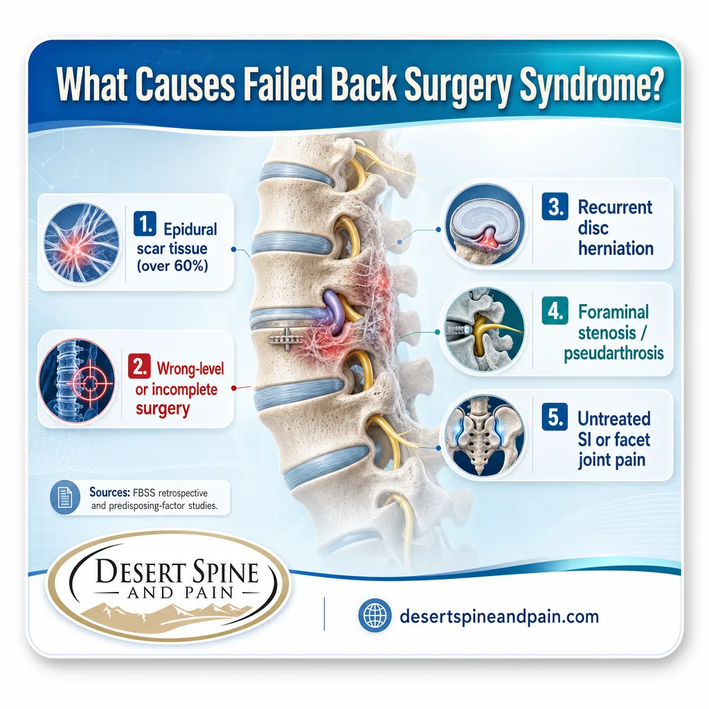 Infographic breaking down the leading causes of failed back surgery syndrome Infographic breaking down the leading causes of failed back surgery syndrome