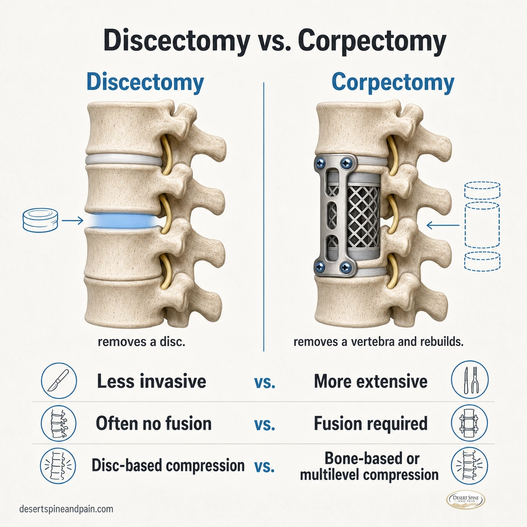 Side-by-side diagram comparing a discectomy removing one disc with a corpectomy removing a whole vertebra