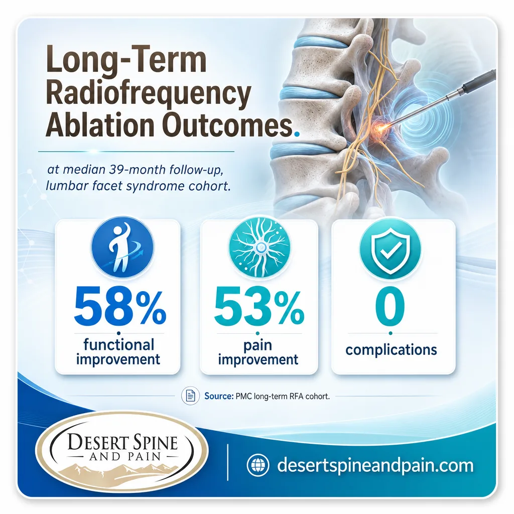 Infographic showing 58% functional and 53% pain improvement with zero complications at 39-month RFA follow-up Infographic showing 58% functional and 53% pain improvement with zero complications at 39-month RFA follow-up