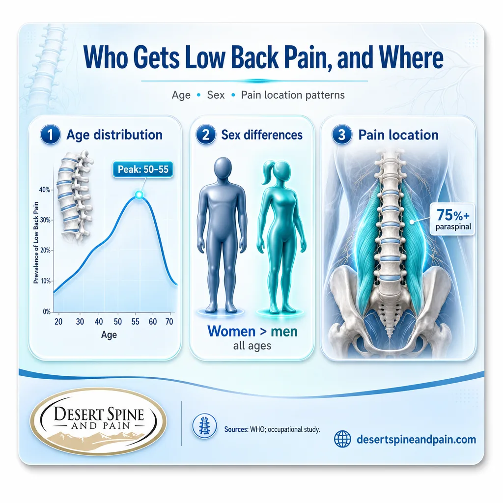 Infographic of low back pain patterns: peak age 50-55, higher in women, mostly in the paraspinal area