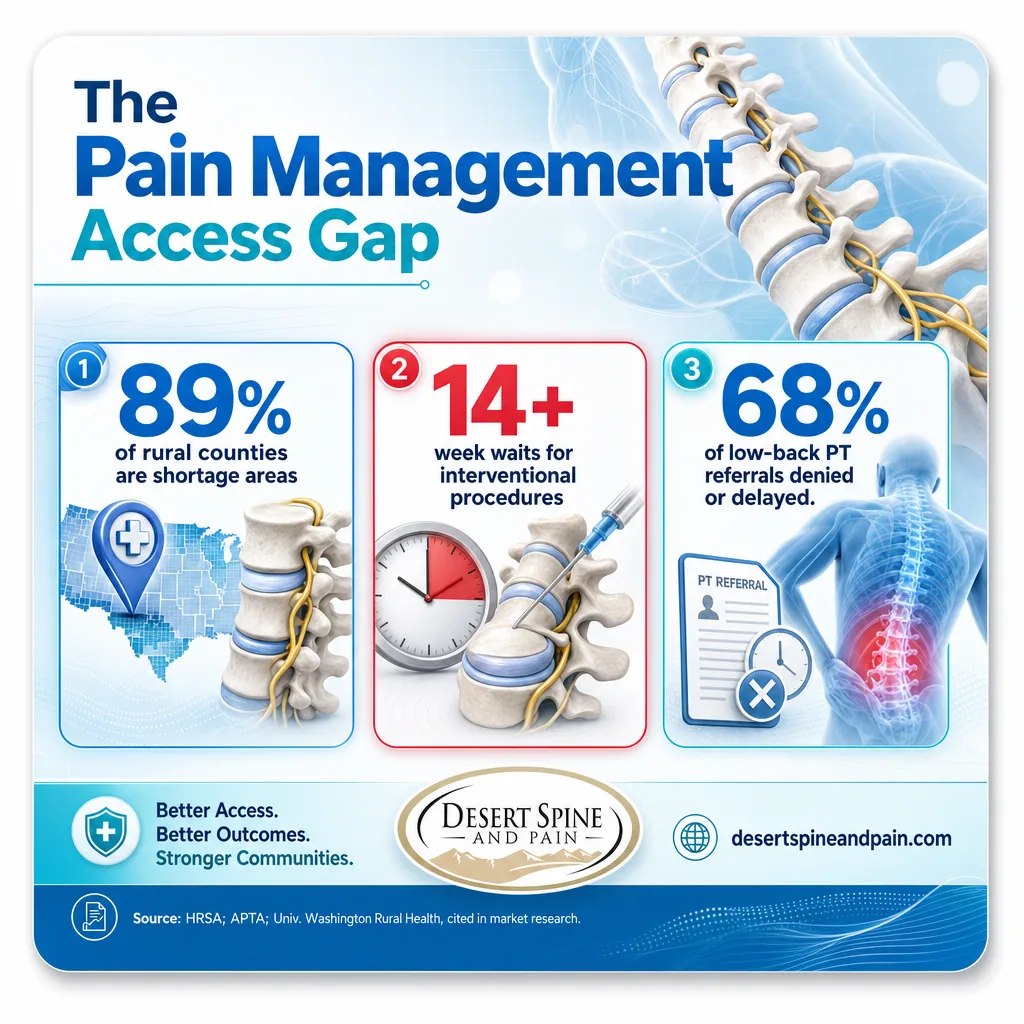 Infographic showing 89% of rural counties are pain shortage areas with 14-plus week waits and 68% of PT referrals delayed Infographic showing 89% of rural counties are pain shortage areas with 14-plus week waits and 68% of PT referrals delayed