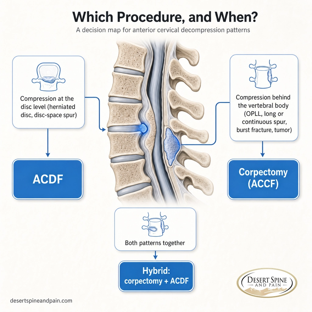 Decision infographic showing disc-level compression leading to ACDF and retrovertebral compression leading to corpectomy