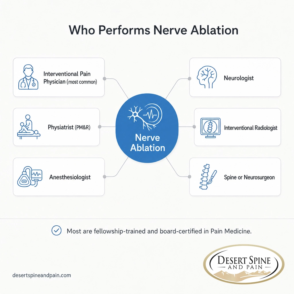 Infographic mapping the six specialists who perform nerve ablation, from interventional pain physicians to spine surgeons