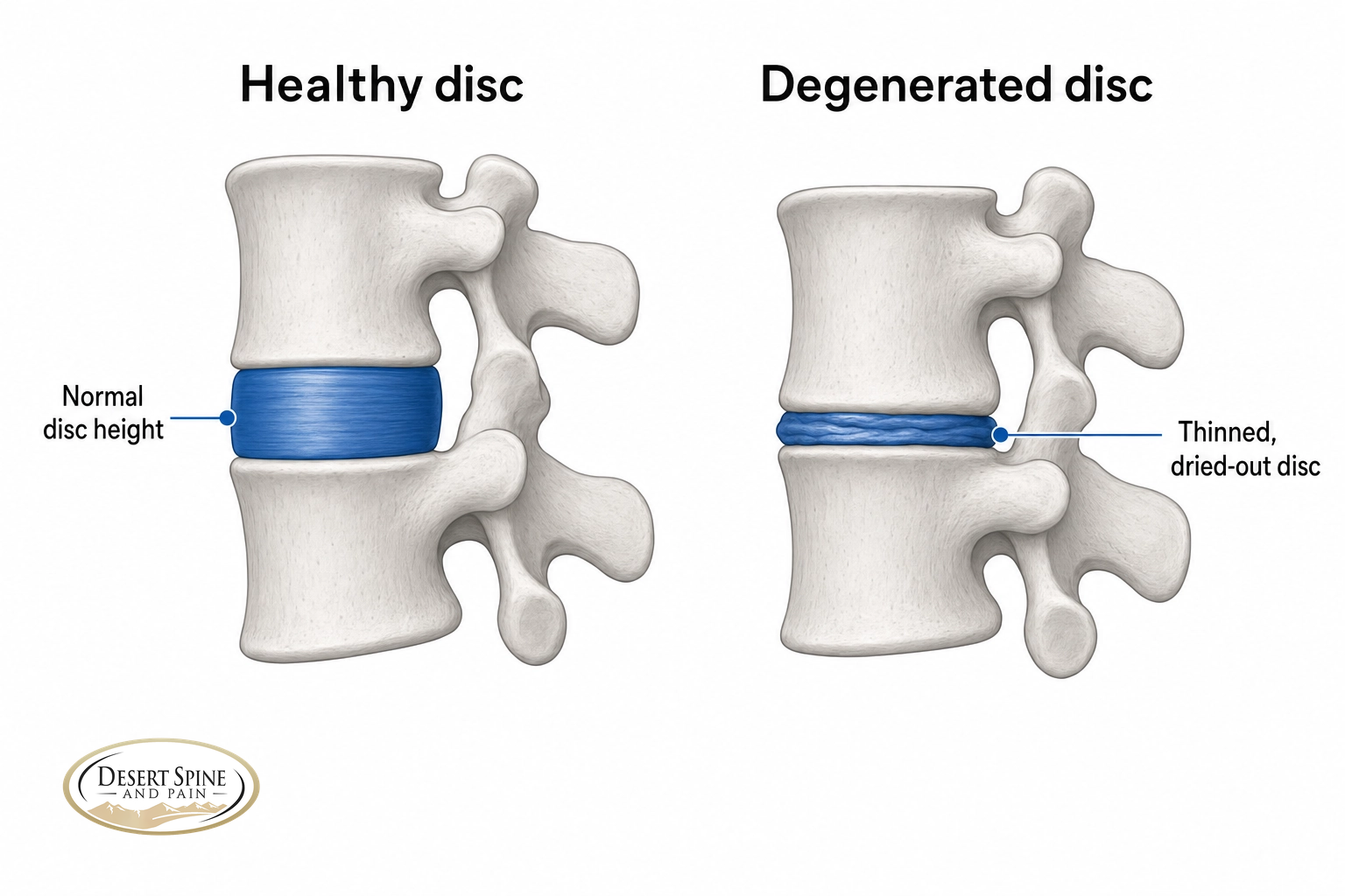 Side-by-side comparison of a tall healthy spinal disc versus a thin, dried-out degenerated disc