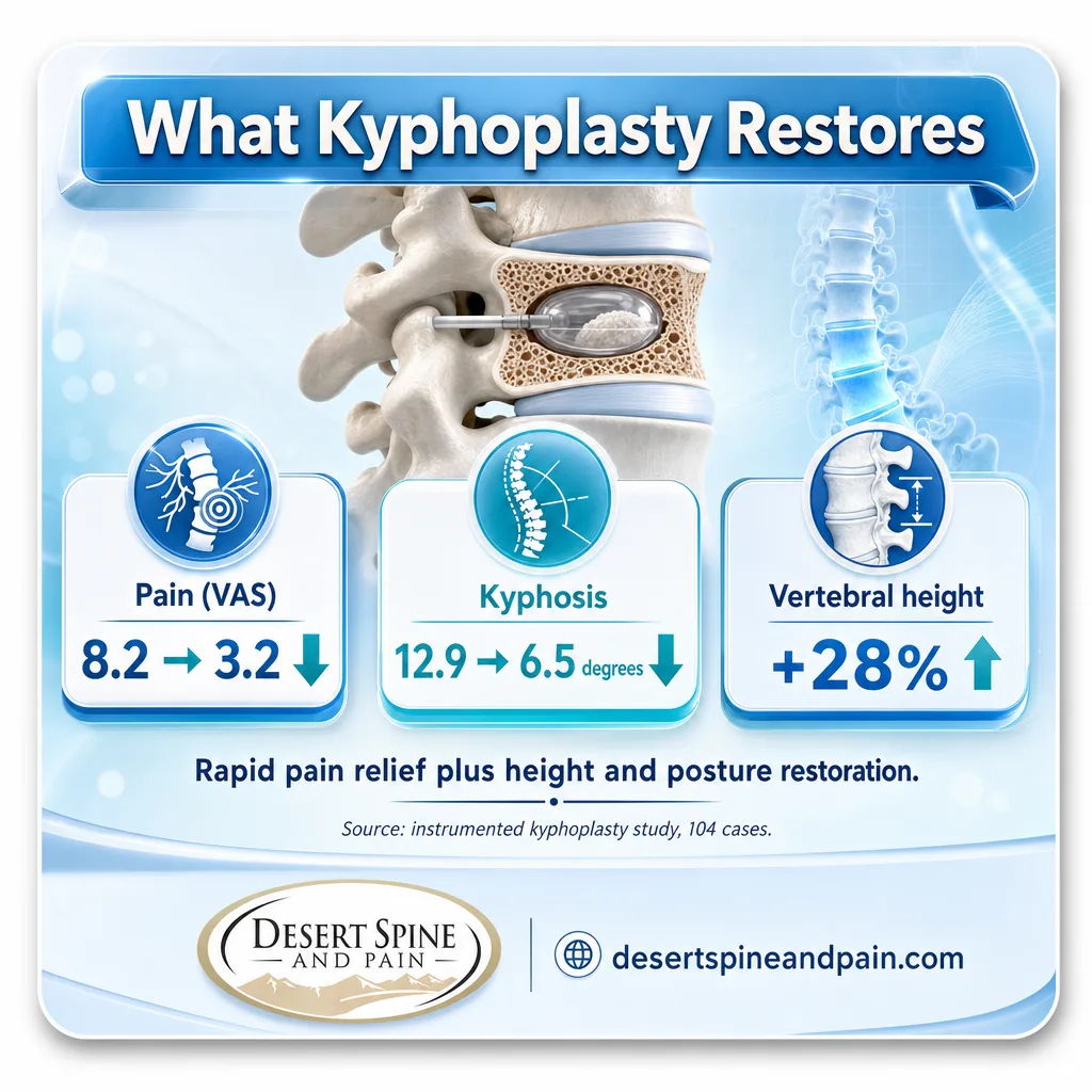 Infographic showing kyphoplasty reducing pain and kyphosis and restoring 28 percent vertebral height Infographic showing kyphoplasty reducing pain and kyphosis and restoring 28 percent vertebral height