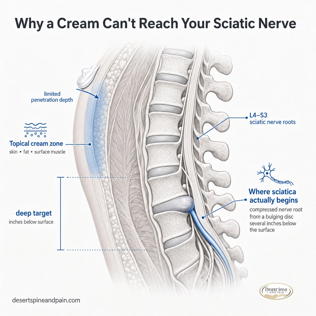 Cross-section showing a cream reaches only skin while the sciatic nerve root is compressed deep in the spine