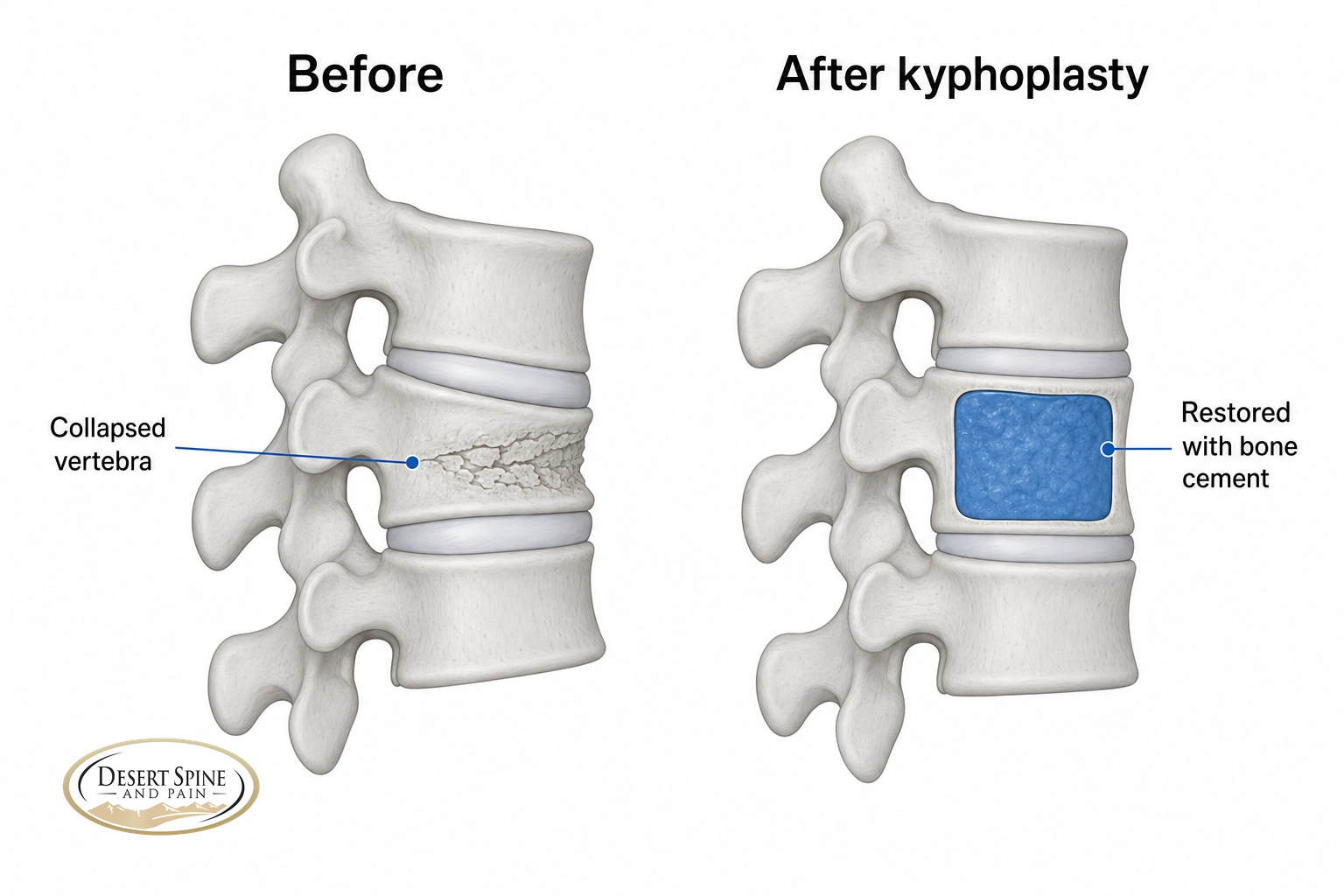 Before and after diagram of a vertebral compression fracture: a collapsed vertebra restored to height and stabilized with bone cement