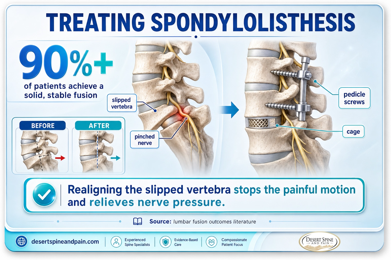 Spondylolisthesis: about 90 percent or more of patients achieve a solid, stable fusion that realigns the slipped vertebra