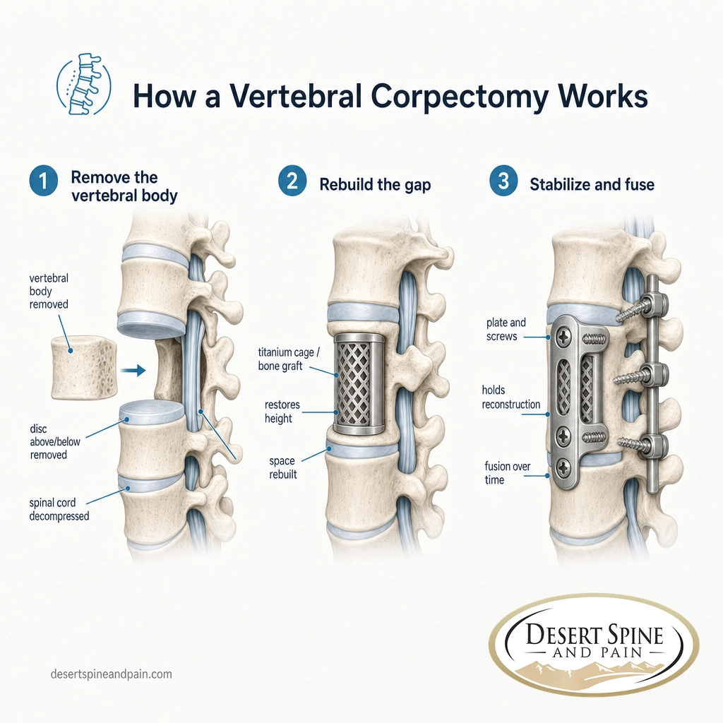 Three-step diagram of a vertebral corpectomy: remove the vertebral body, graft the gap, and fix hardware
