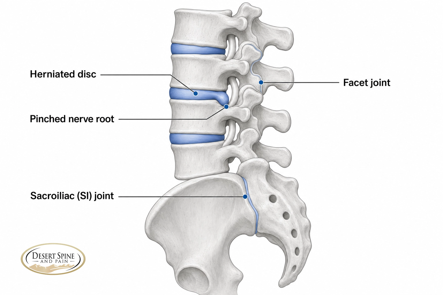 Lumbar spine diagram labeling herniated disc, facet joint, pinched nerve root, and sacroiliac joint as common sources of lower back pain