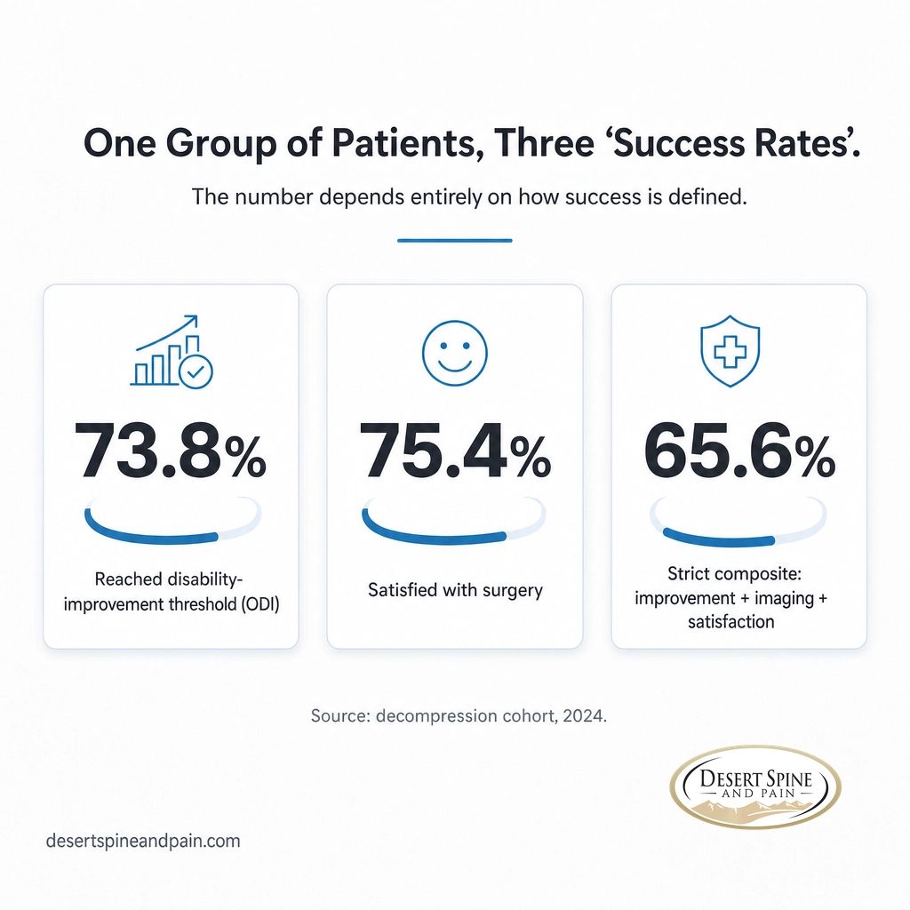 Infographic showing 73.8%, 75.4%, and 65.6% success rates from one stenosis surgery cohort by definition