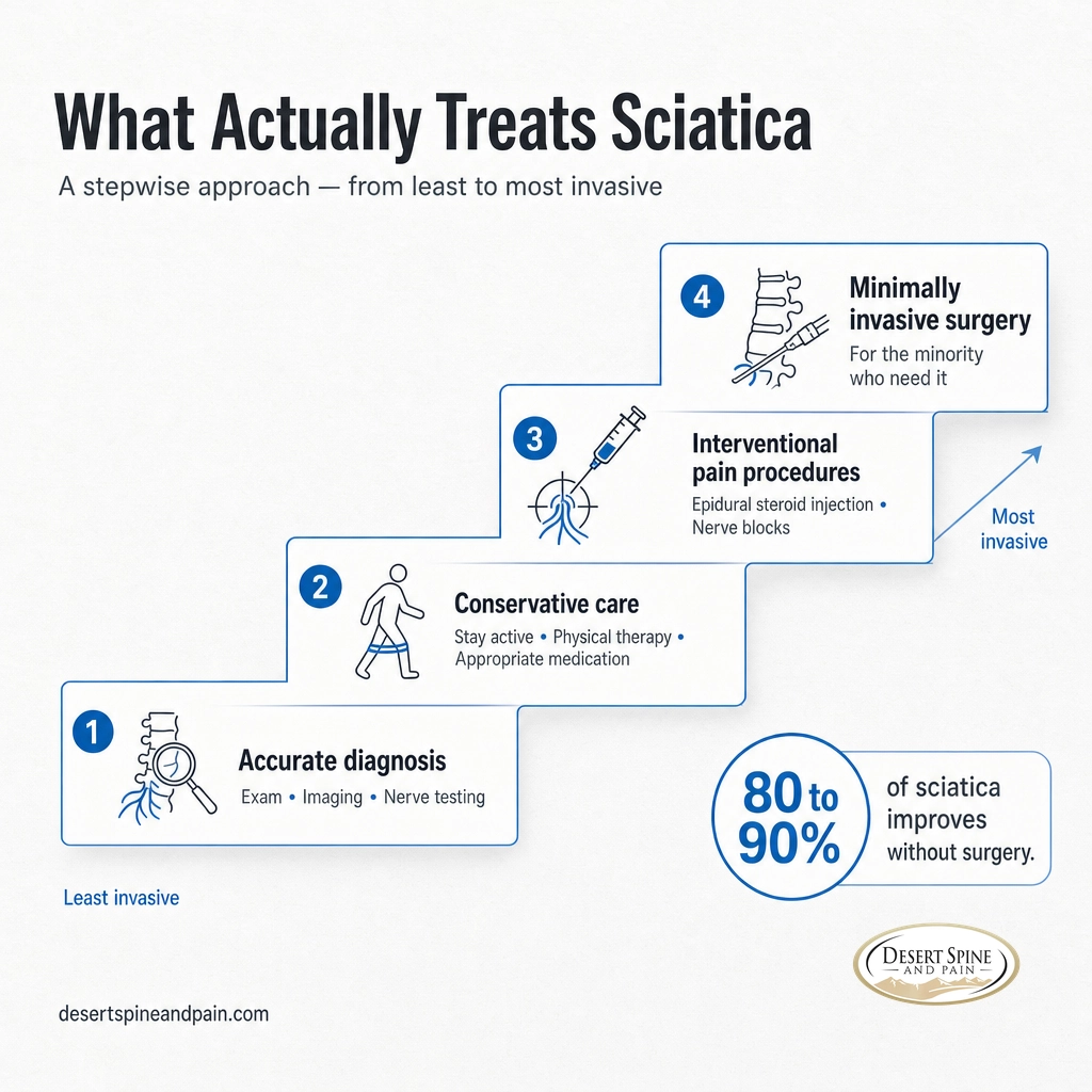 Four-step sciatica treatment ladder from diagnosis and conservative care to injections and minimally invasive surgery