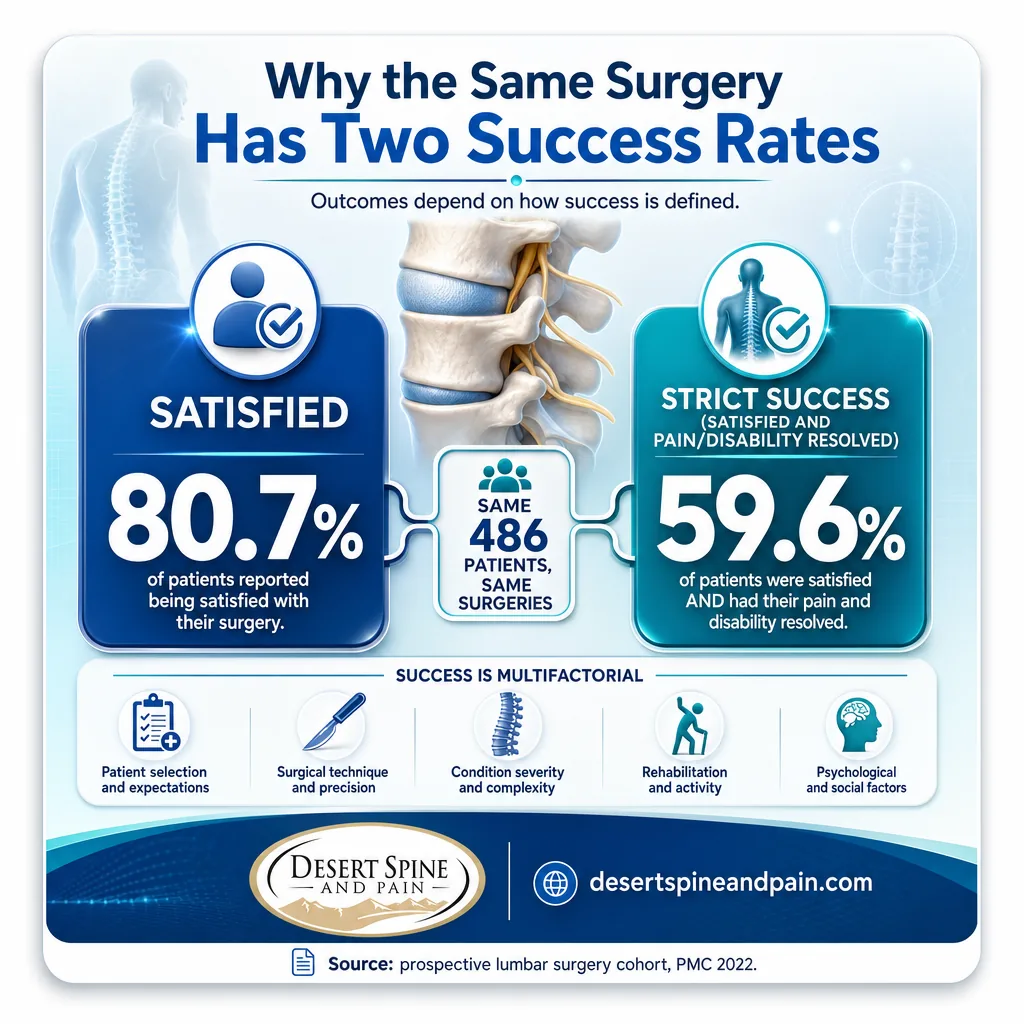 Split infographic showing 80.7 percent satisfied versus 59.6 percent strict success in the same patient cohort