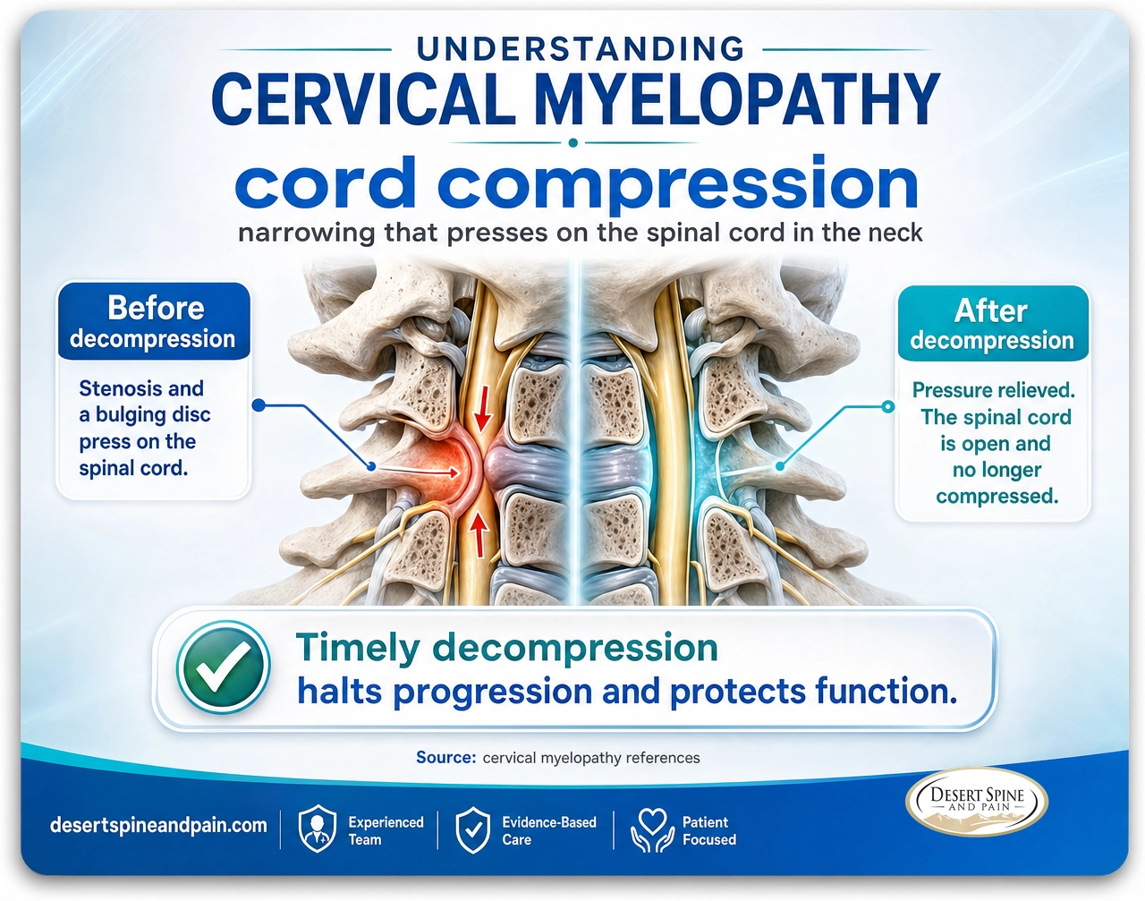 Cervical myelopathy: narrowing presses on the spinal cord in the neck; decompression relieves the pressure and protects function