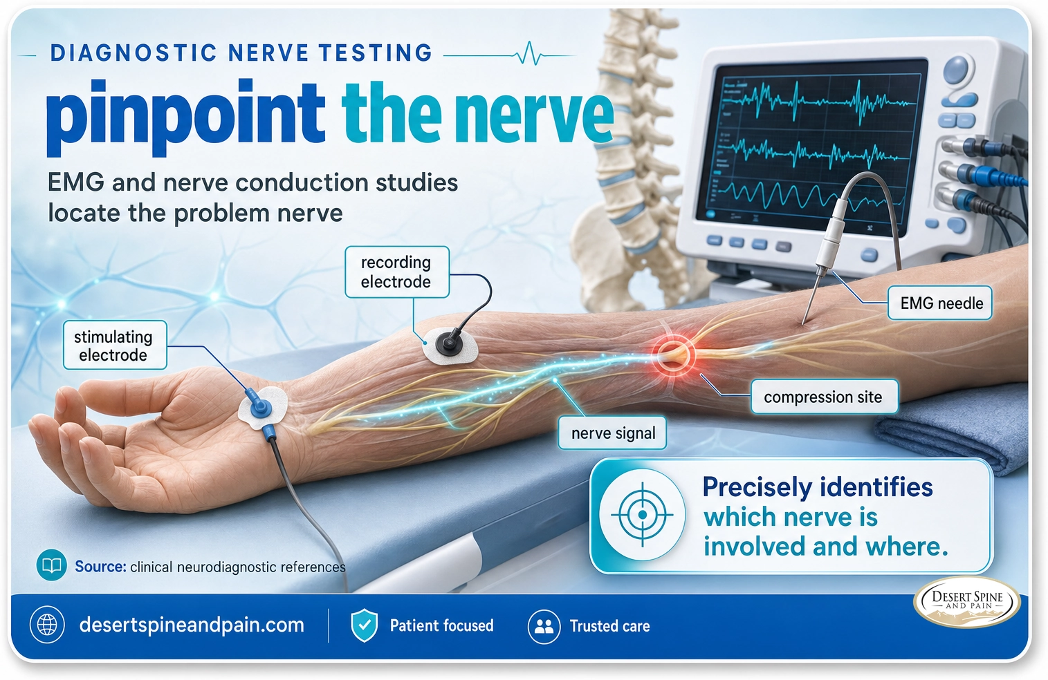 Diagnostic nerve testing: EMG and nerve conduction studies that precisely identify which nerve is involved and where it is compressed