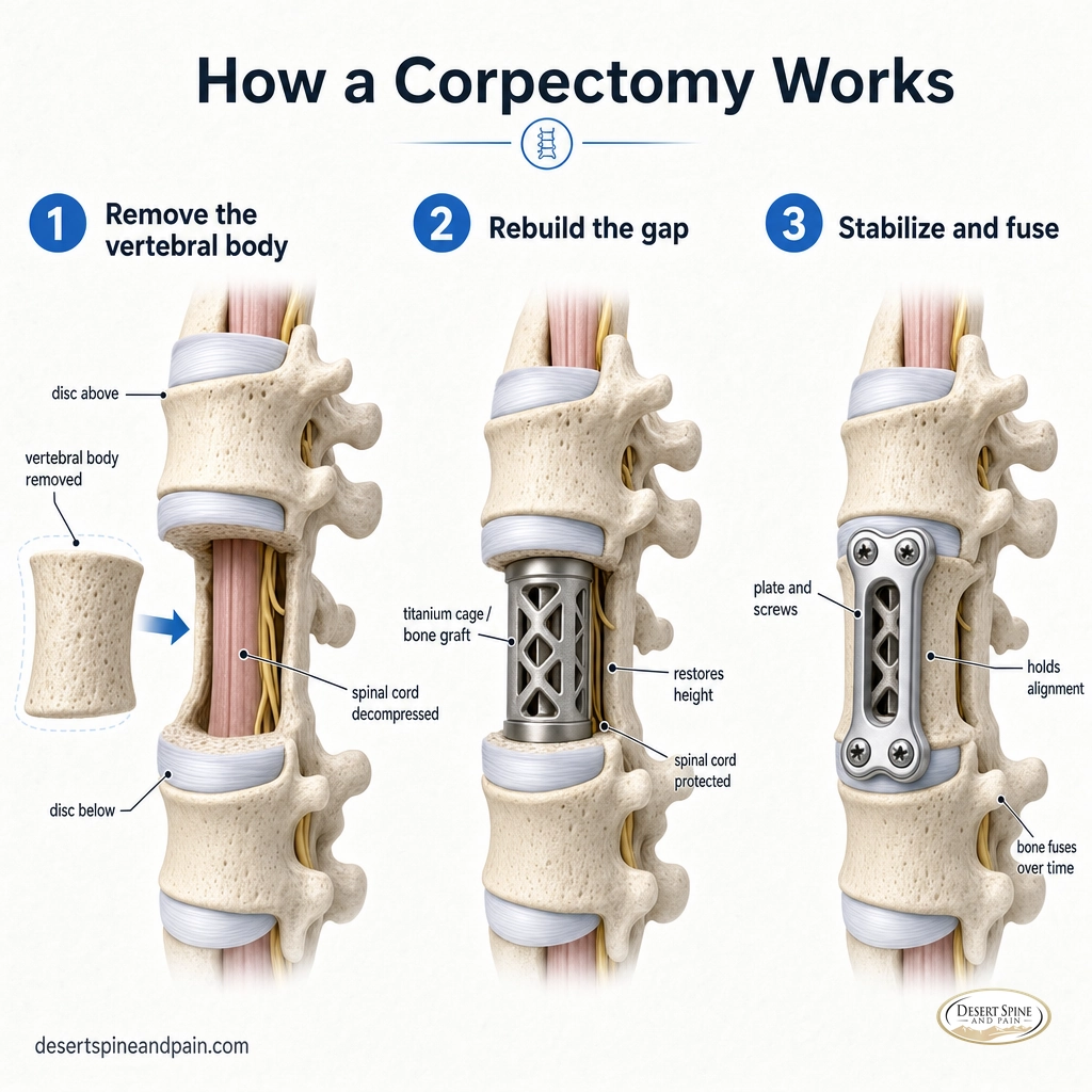 Three-step diagram of a corpectomy: remove the vertebral body, graft the gap, and fix hardware