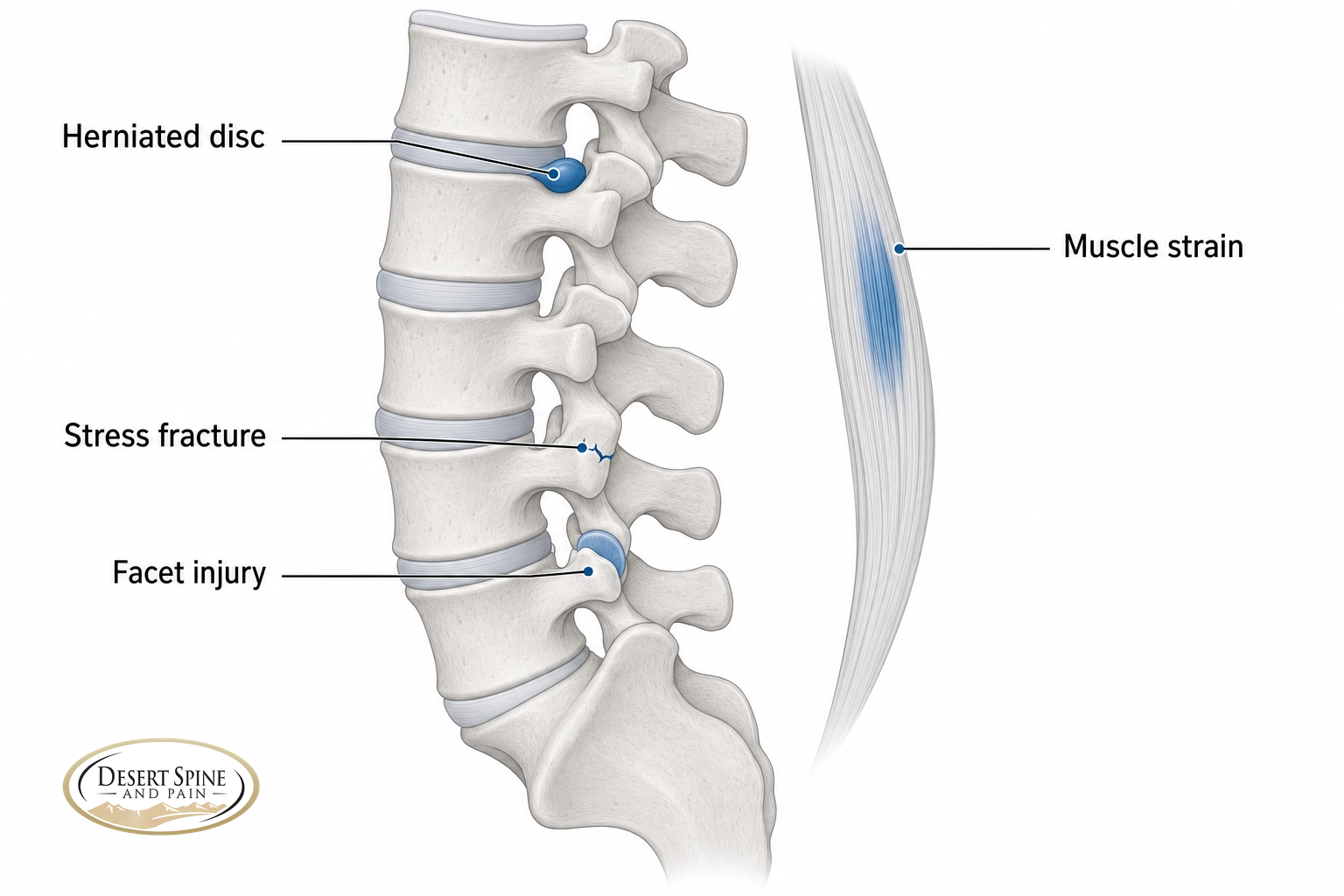 Lumbar spine diagram labeling a herniated disc, muscle strain, stress fracture, and facet injury