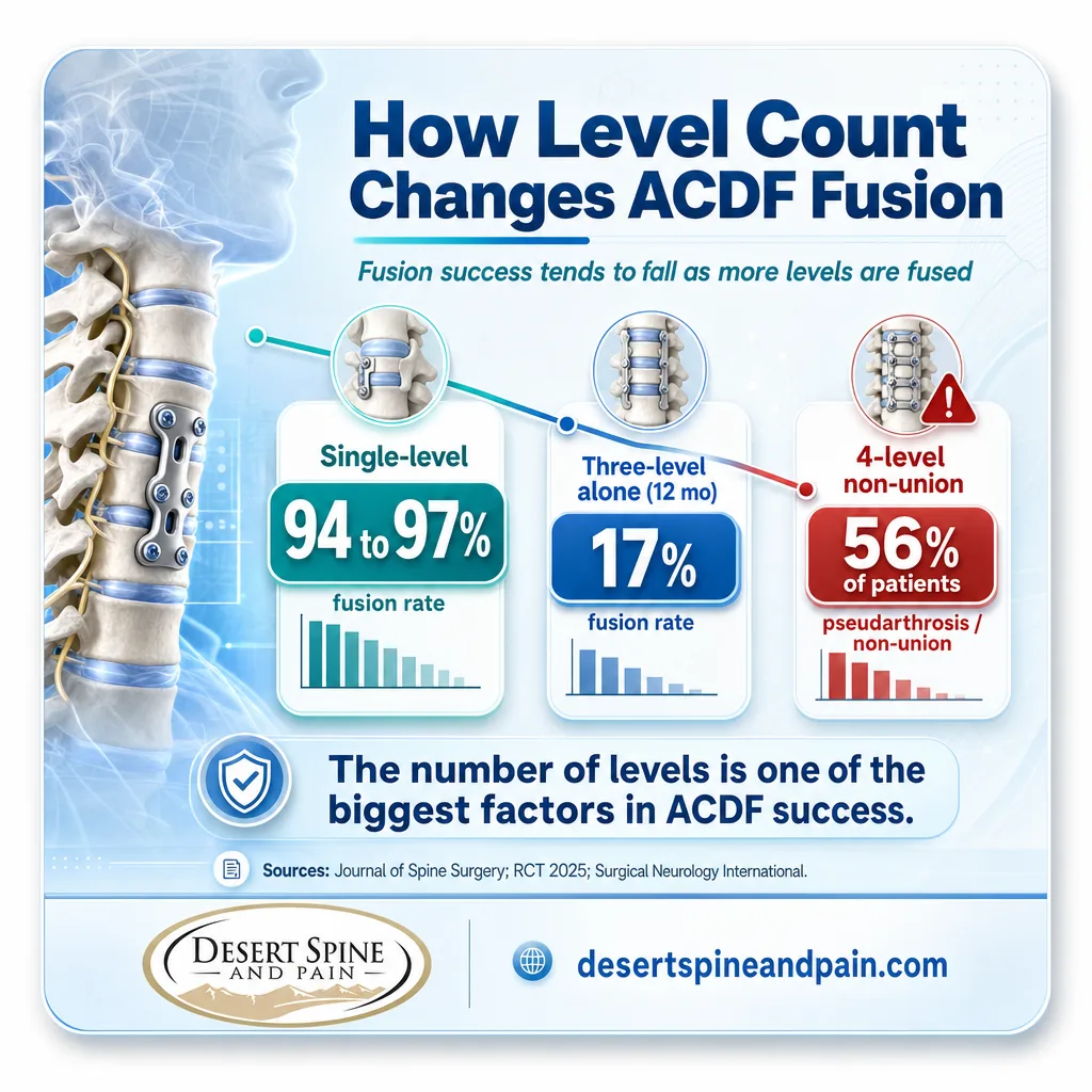 Infographic showing ACDF fusion falling from single-level to multilevel and rising pseudarthrosis