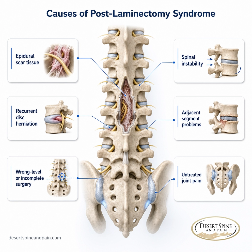 Diagram of six causes of post-laminectomy syndrome including scar tissue, recurrent herniation, instability, and joint pain