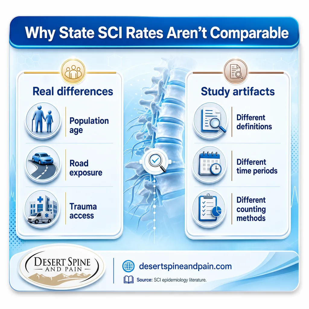 Graphic comparing real differences vs study artifacts behind varying state SCI rates