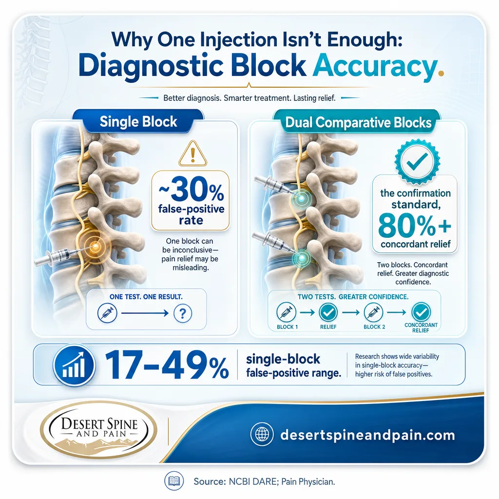 Infographic comparing single diagnostic block 30% false-positive rate with dual comparative block confirmation standard