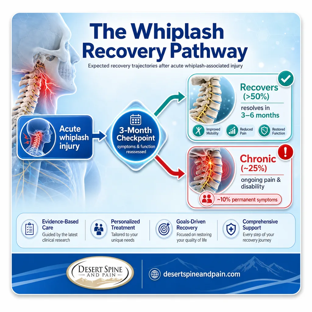 Flowchart of whiplash recovery showing recovery versus chronic pain pathways at the 3-month checkpoint