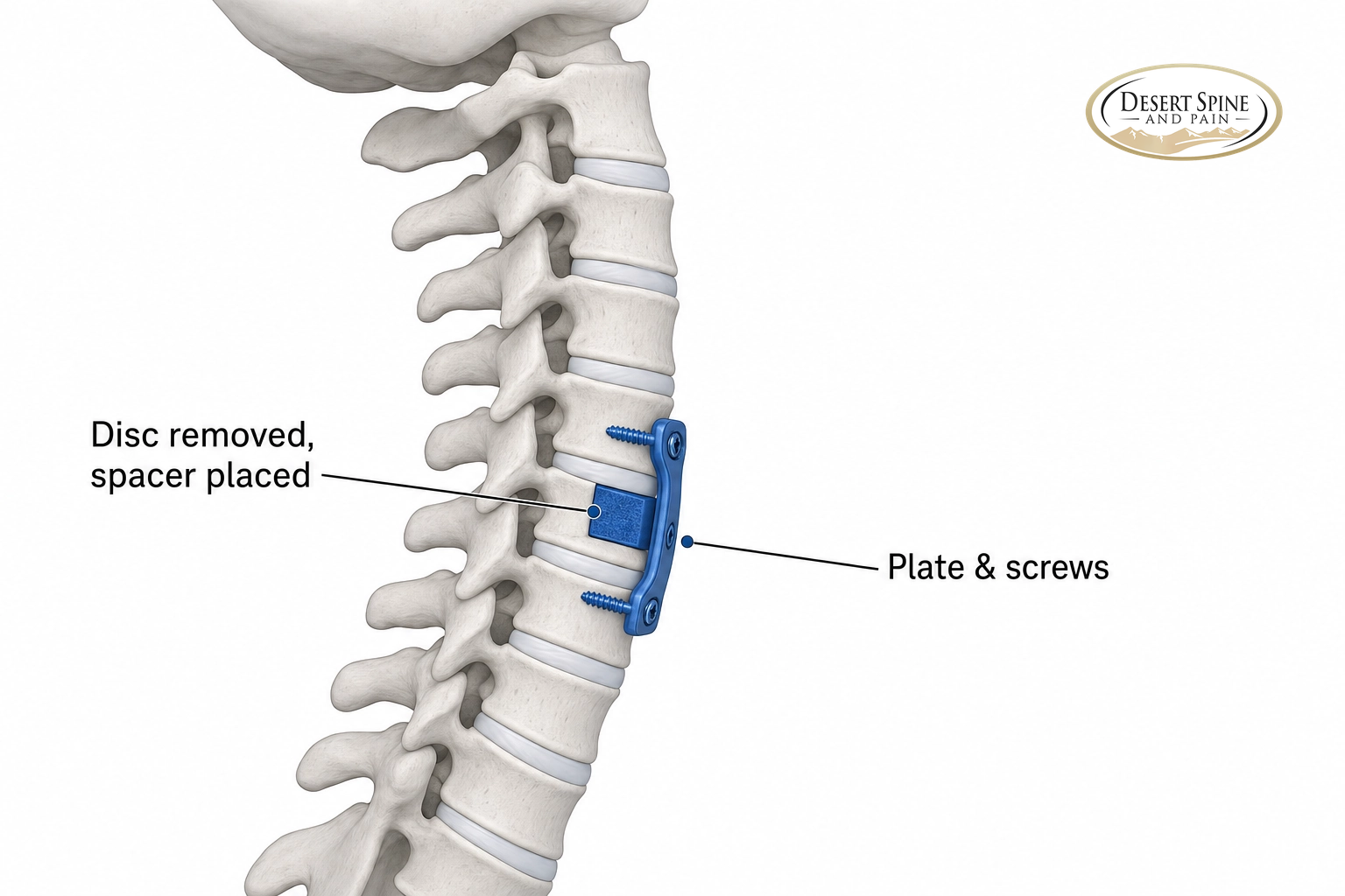 Cervical spine diagram showing a disc removed, a spacer placed, and a plate with screws