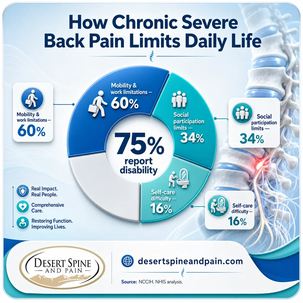Infographic showing 75% of chronic severe back pain patients report disability across mobility, work, social, self-care