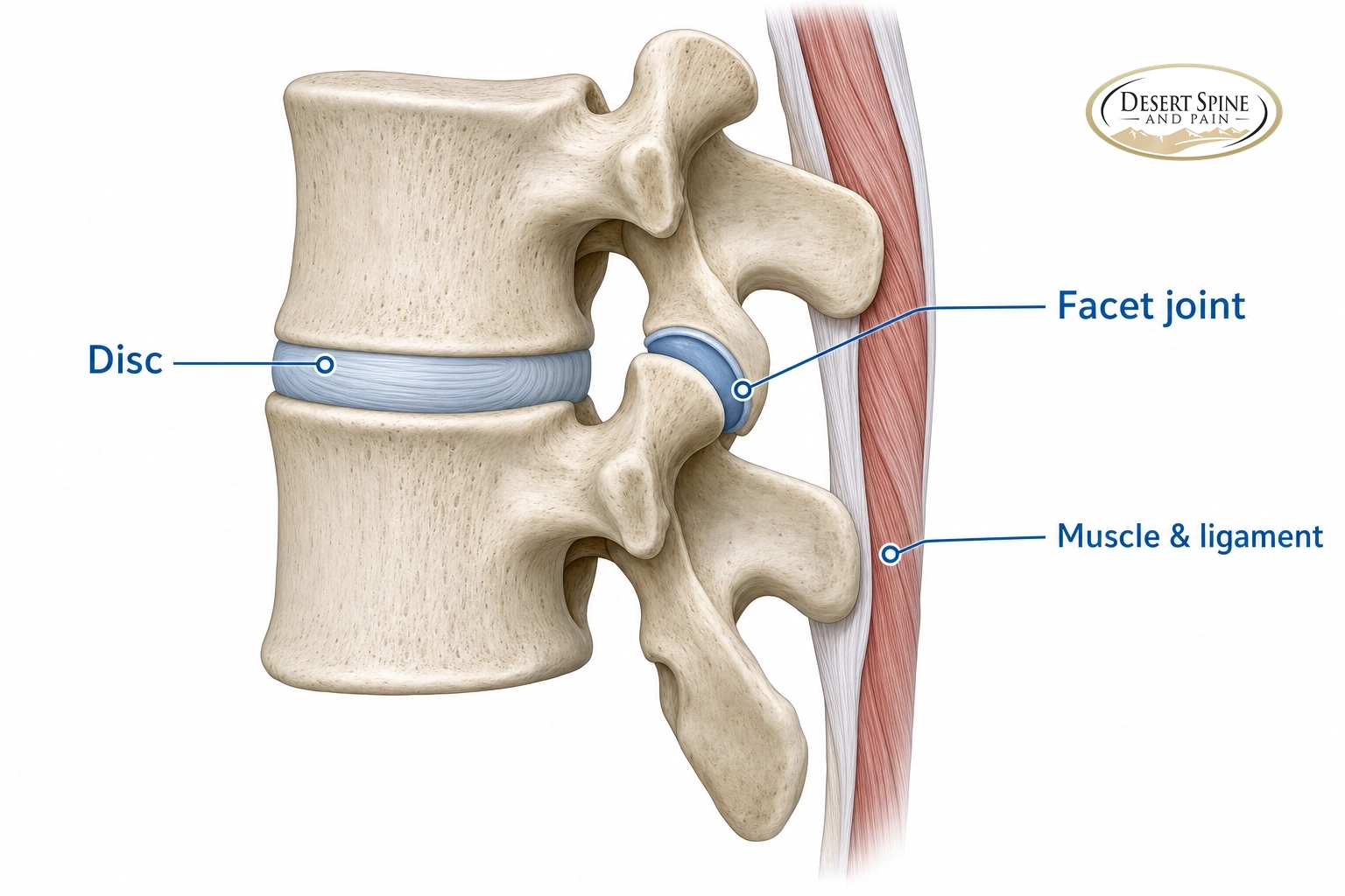 Diagram of a spine segment labeling the disc, facet joint and muscle as sources of back and neck pain