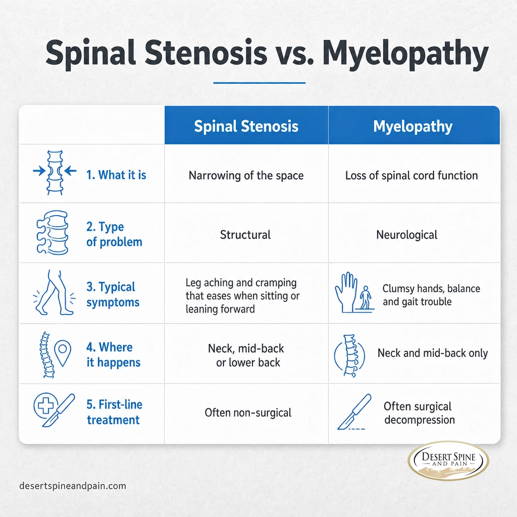 Comparison infographic of spinal stenosis and myelopathy across cause, symptoms, location, and treatment Comparison infographic of spinal stenosis and myelopathy across cause, symptoms, location, and treatment