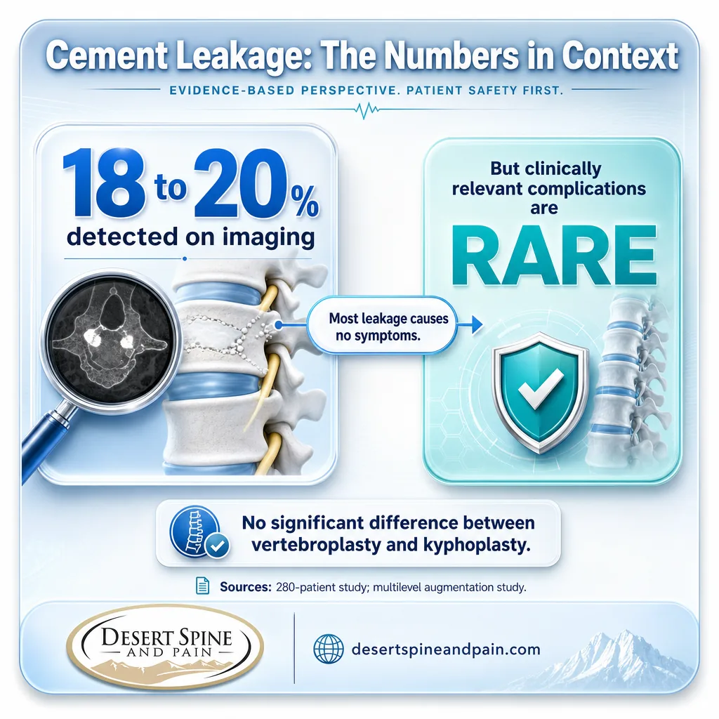 Infographic showing cement leakage detected in 18 to 20 percent of cases but rarely symptomatic Infographic showing cement leakage detected in 18 to 20 percent of cases but rarely symptomatic