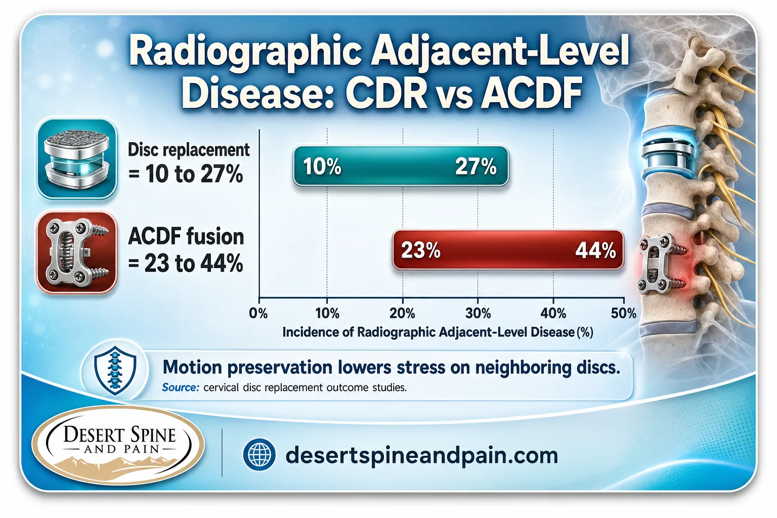 Bar chart comparing radiographic adjacent-level disease rates for cervical disc replacement and ACDF Bar chart comparing radiographic adjacent-level disease rates for cervical disc replacement and ACDF