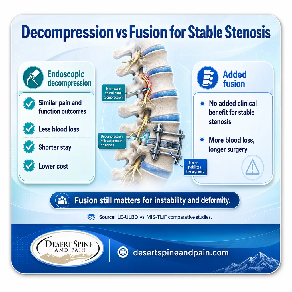 Infographic contrasting endoscopic decompression and added fusion for stable spinal stenosis Infographic contrasting endoscopic decompression and added fusion for stable spinal stenosis