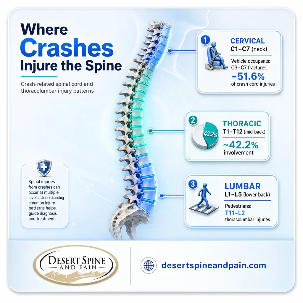 Medical diagram of spinal injury levels in car accidents showing cervical, thoracic, and lumbar regions
